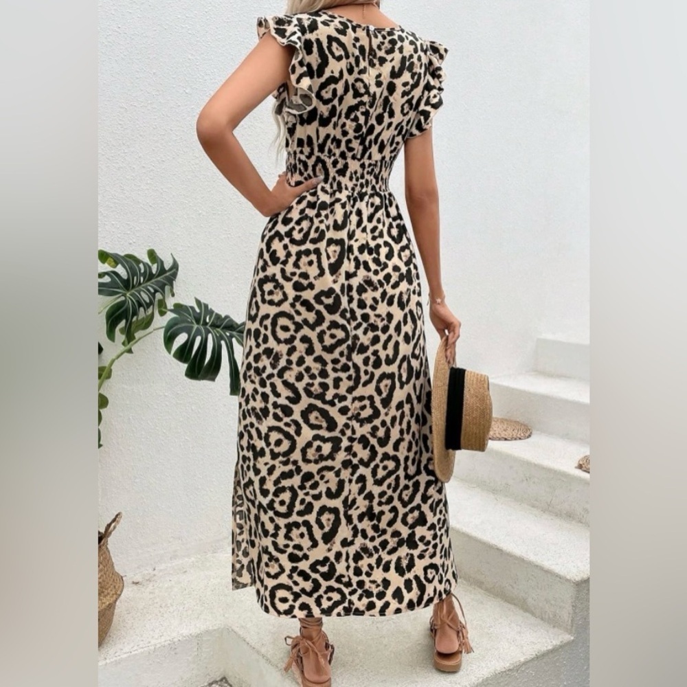 Women’s Animal Print Leopard Black Tan Maxi Long Ruffle Sleeve Dress Medium - Picture 8 of 8